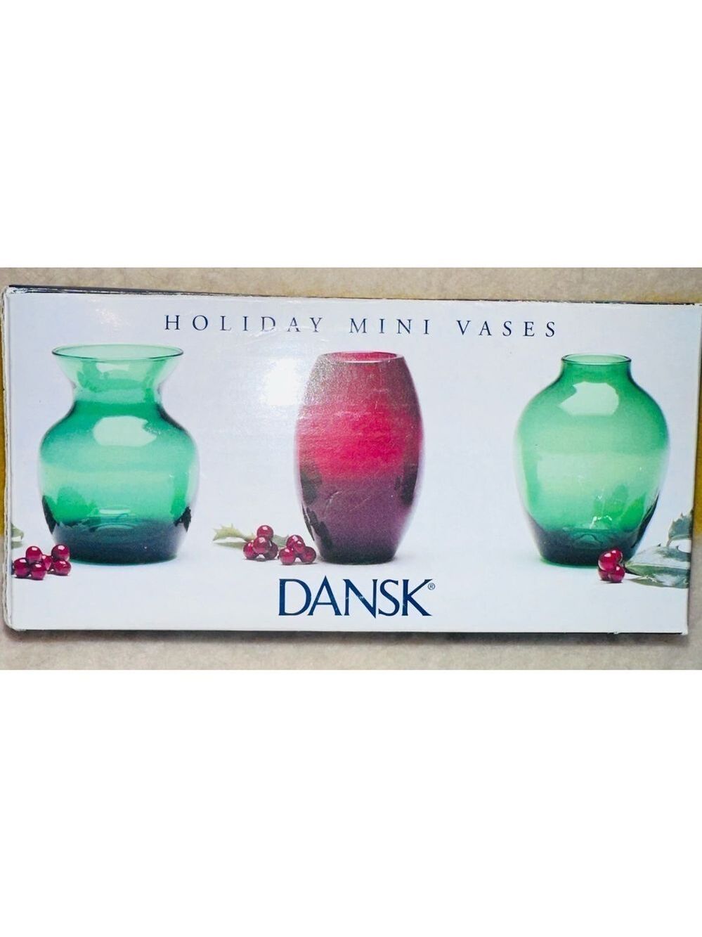 NIB Dansk Christmas Holiday Glass Mini Vases